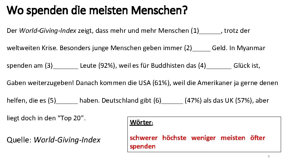 Wo spenden die meisten Menschen? Der World-Giving-Index zeigt, dass mehr und mehr Menschen (1)______,