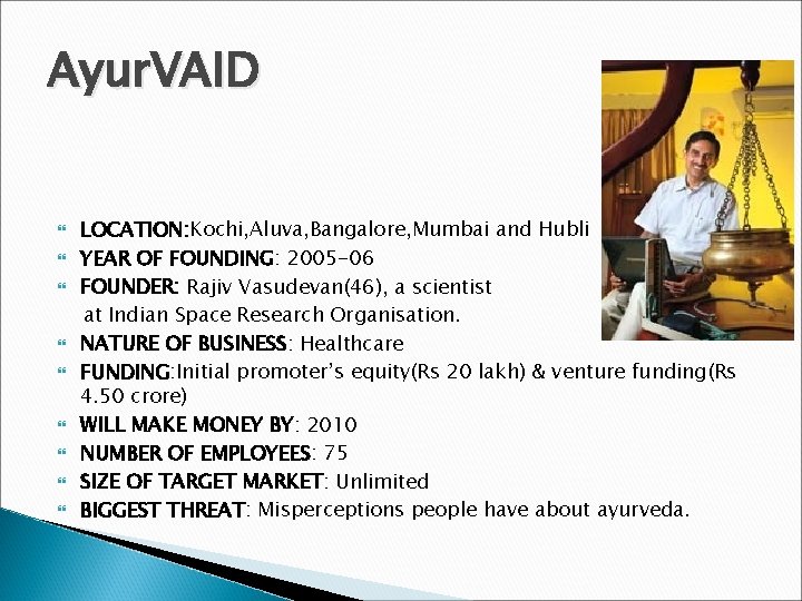 Ayur. VAID LOCATION: Kochi, Aluva, Bangalore, Mumbai and Hubli YEAR OF FOUNDING: 2005 -06