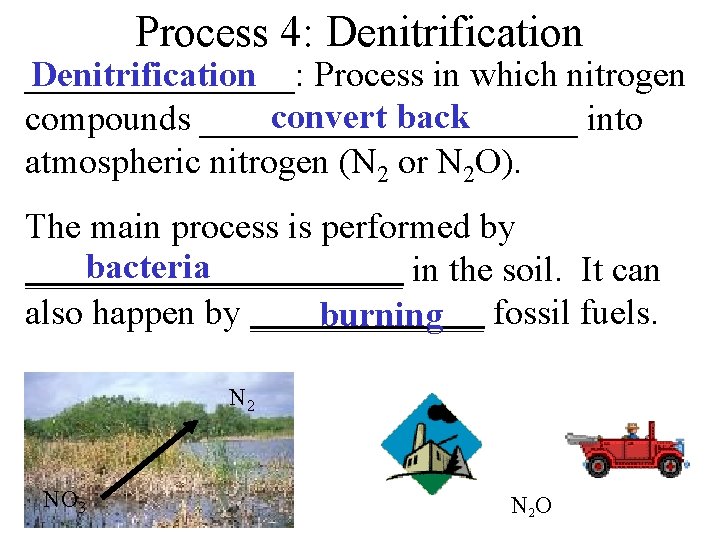 Process 4: Denitrification ________: Process in which nitrogen convert back compounds ___________ into atmospheric