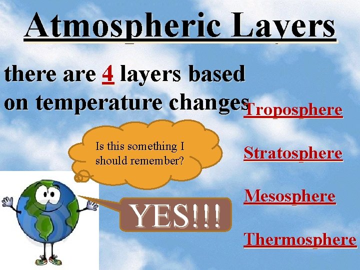 Atmospheric Layers there are 4 layers based on temperature changes. Troposphere Is this something