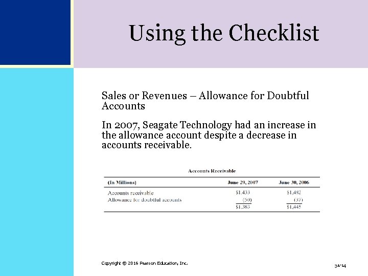 Using the Checklist Sales or Revenues – Allowance for Doubtful Accounts In 2007, Seagate Using the Checklist Sales or Revenues – Allowance for Doubtful Accounts In 2007, Seagate