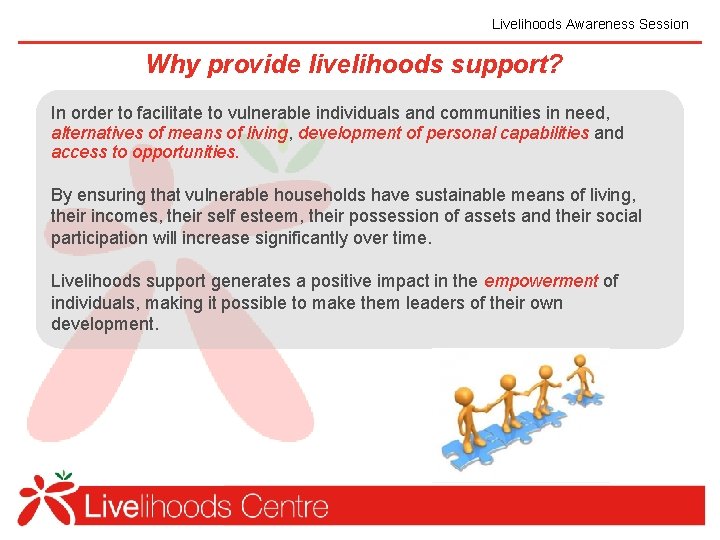 Livelihoods Awareness Session Why provide livelihoods support? In order to facilitate to vulnerable individuals