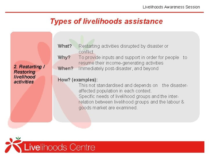 Livelihoods Awareness Session Types of livelihoods assistance What? Why? 2. Restarting / Restoring livelihood