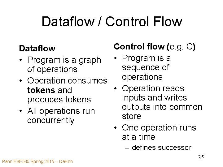 Dataflow / Control Flow Control flow (e. g. C) Dataflow • Program is a