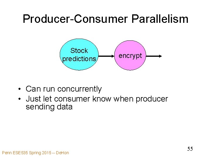 Producer-Consumer Parallelism Stock predictions encrypt • Can run concurrently • Just let consumer know