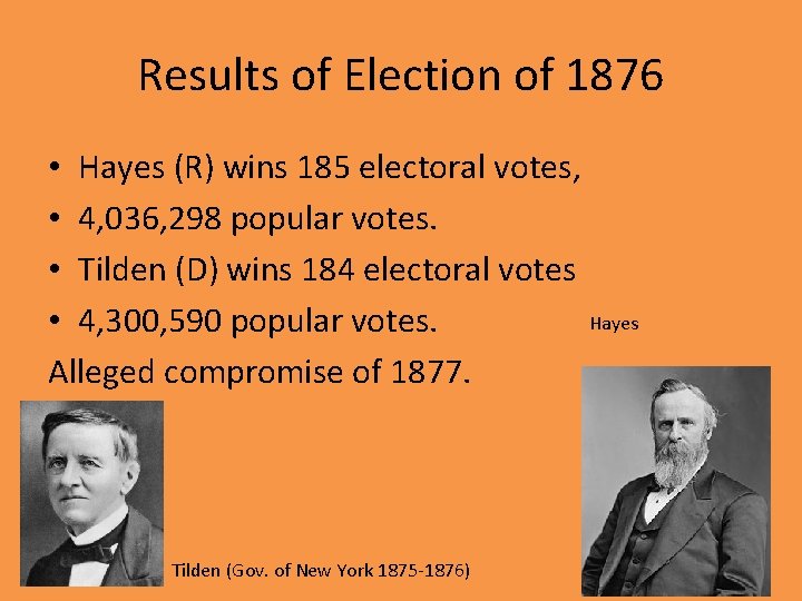 Results of Election of 1876 • Hayes (R) wins 185 electoral votes, • 4,