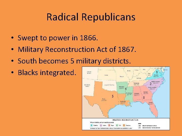 Radical Republicans • • Swept to power in 1866. Military Reconstruction Act of 1867.