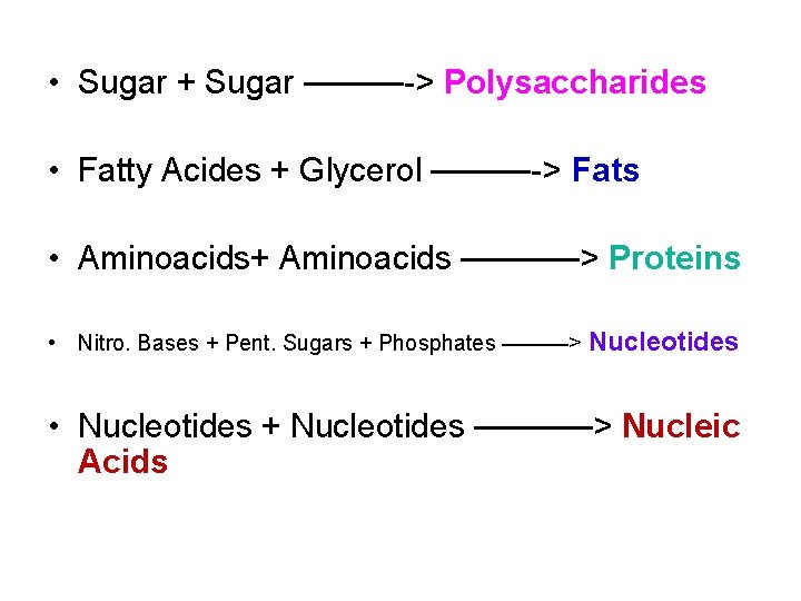  • Sugar + Sugar ——— > Polysaccharides • Fatty Acides + Glycerol ———