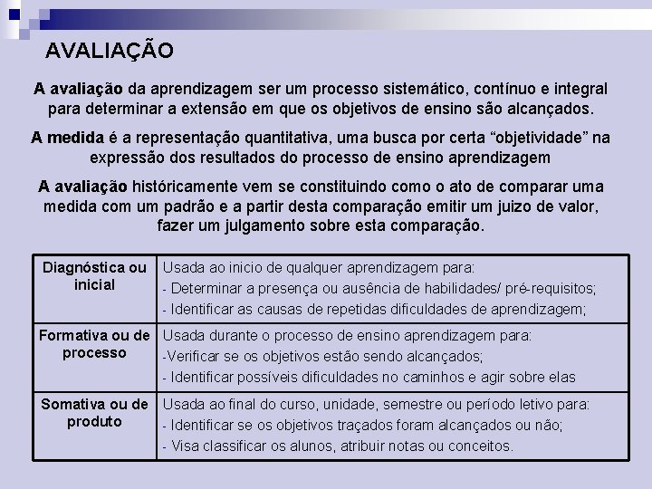 AVALIAÇÃO A avaliação da aprendizagem ser um processo sistemático, contínuo e integral para determinar