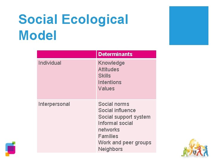 Social Ecological Model Determinants Individual Knowledge Attitudes Skills Intentions Values Interpersonal Social norms Social