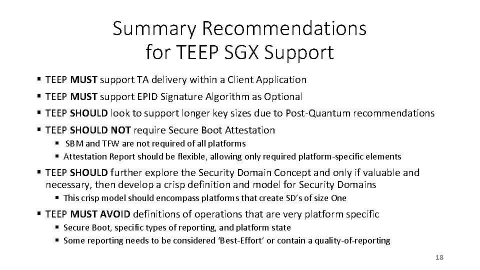 Summary Recommendations for TEEP SGX Support § TEEP MUST support TA delivery within a