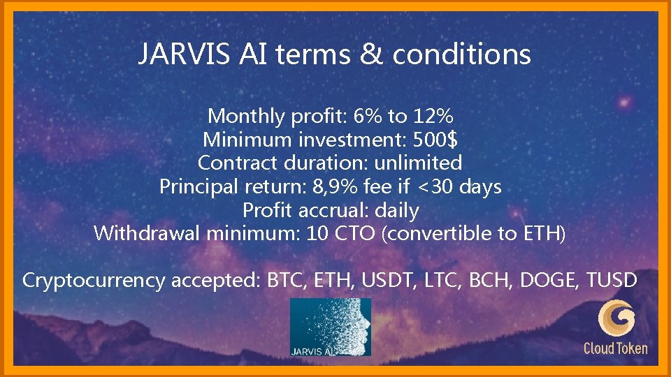 JARVIS AI terms & conditions Monthly profit: 6% to 12% Minimum investment: 500$ Contract