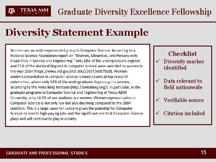 Graduate Diversity Excellence Fellowship Diversity Statement Example Checklist ü Diversity marker identified ü Data