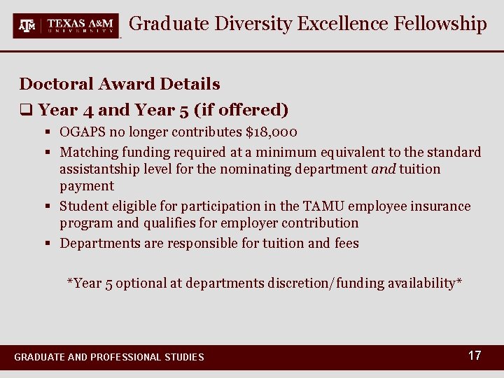 Graduate Diversity Excellence Fellowship Doctoral Award Details q Year 4 and Year 5 (if