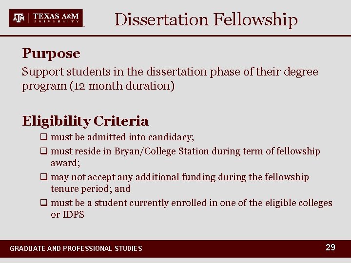 Dissertation Fellowship Purpose Support students in the dissertation phase of their degree program (12