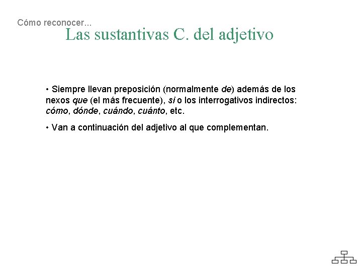 Cómo reconocer. . . Las sustantivas C. del adjetivo • Siempre llevan preposición (normalmente