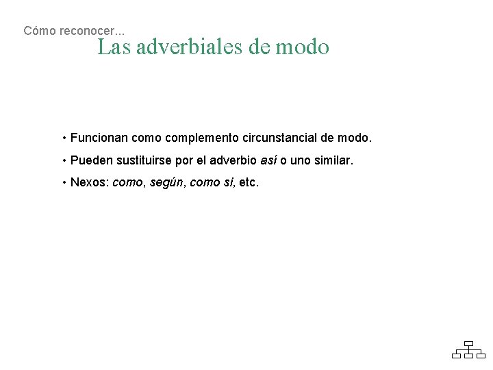 Cómo reconocer. . . Las adverbiales de modo • Funcionan como complemento circunstancial de