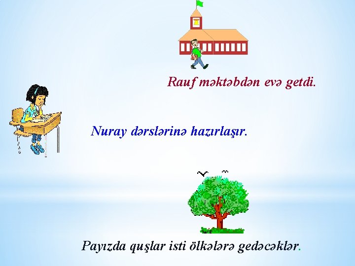 Rauf məktəbdən evə getdi. Nuray dərslərinə hazırlaşır. Payızda quşlar isti ölkələrə gedəcəklər. 