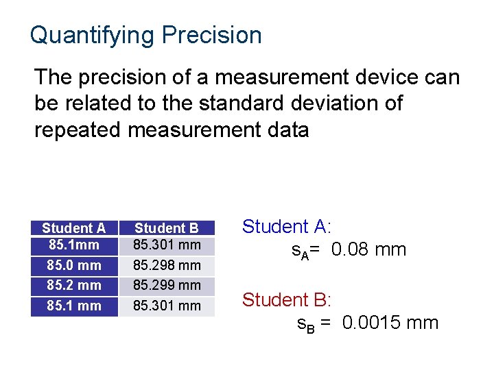 Quantifying Precision The precision of a measurement device can be related to the standard