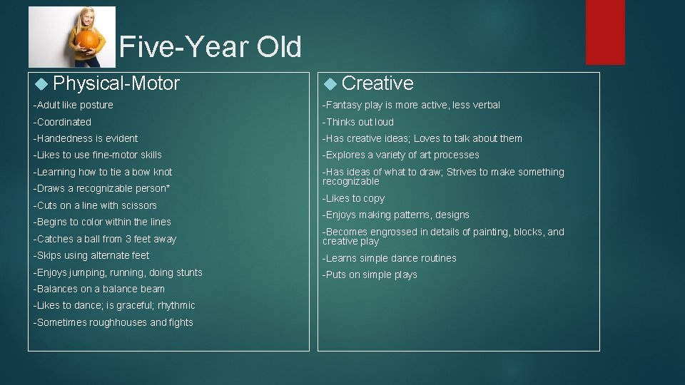 Five-Year Old Physical-Motor Creative -Adult like posture -Fantasy play is more active, less verbal