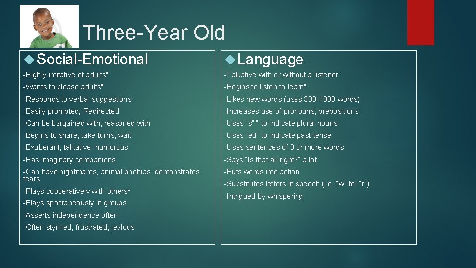 Three-Year Old Social-Emotional Language -Highly imitative of adults* -Talkative with or without a listener