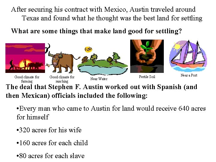 After securing his contract with Mexico, Austin traveled around Texas and found what he
