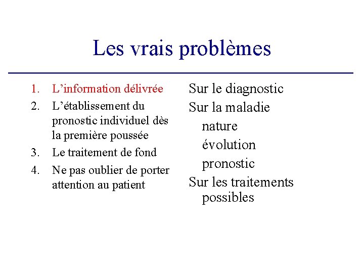 Les vrais problèmes 1. L’information délivrée 2. L’établissement du pronostic individuel dès la première Les vrais problèmes 1. L’information délivrée 2. L’établissement du pronostic individuel dès la première
