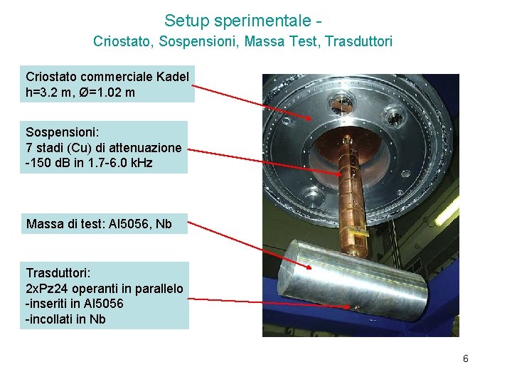 Setup sperimentale Criostato, Sospensioni, Massa Test, Trasduttori Criostato commerciale Kadel h=3. 2 m, Ø=1.