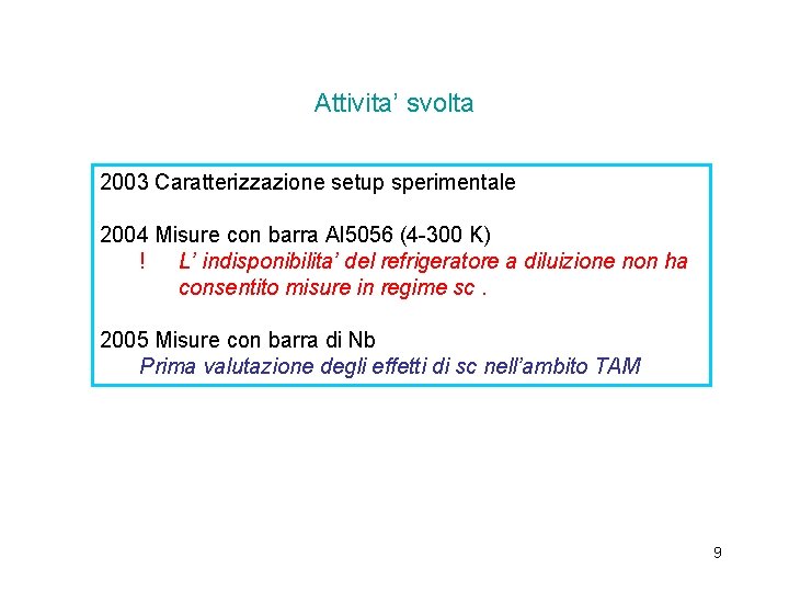 Attivita’ svolta 2003 Caratterizzazione setup sperimentale 2004 Misure con barra Al 5056 (4 -300