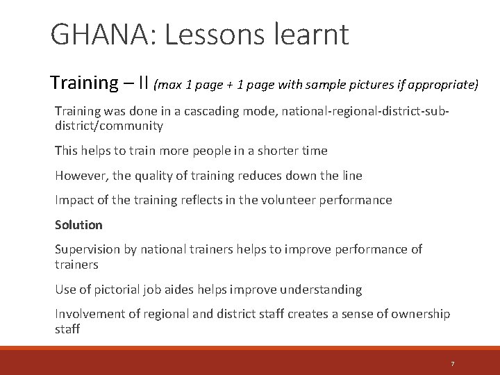 GHANA: Lessons learnt Training – II (max 1 page + 1 page with sample