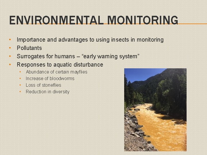 ENVIRONMENTAL MONITORING • • Importance and advantages to using insects in monitoring Pollutants Surrogates