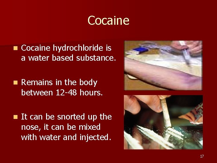 Cocaine n Cocaine hydrochloride is a water based substance. n Remains in the body