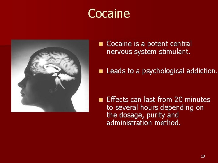 Cocaine n Cocaine is a potent central nervous system stimulant. n Leads to a