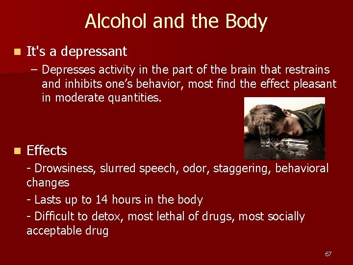 Alcohol and the Body n It's a depressant – Depresses activity in the part