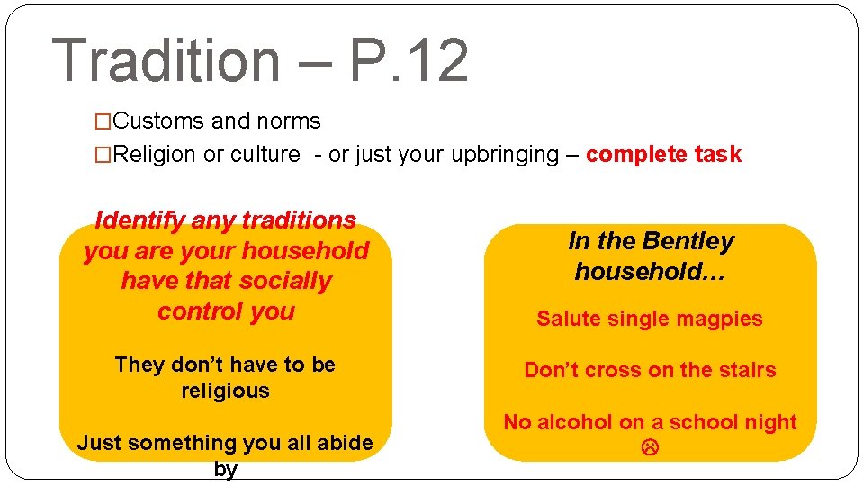 Tradition – P. 12 �Customs and norms �Religion or culture - or just your