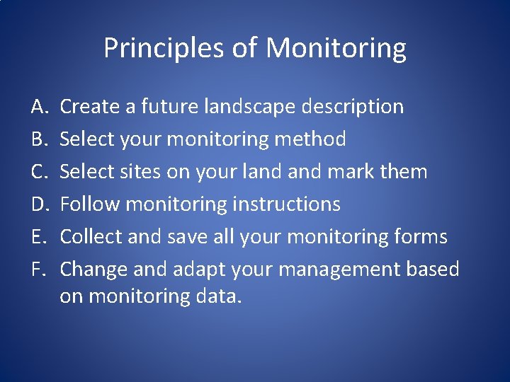 Principles of Monitoring A. B. C. D. E. F. Create a future landscape description