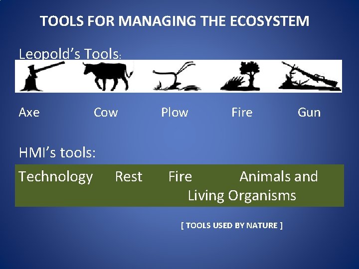 TOOLS FOR MANAGING THE ECOSYSTEM Leopold’s Tools: Axe Cow HMI’s tools: Technology Rest Plow