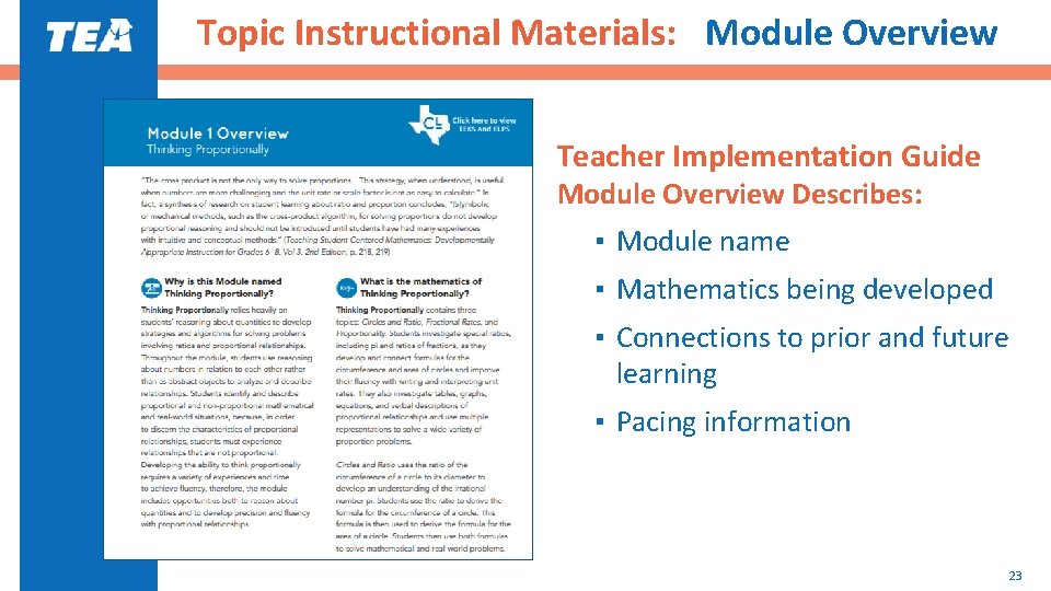 Topic Instructional Materials: Module Overview Teacher Implementation Guide Module Overview Describes: ▪ Module name
