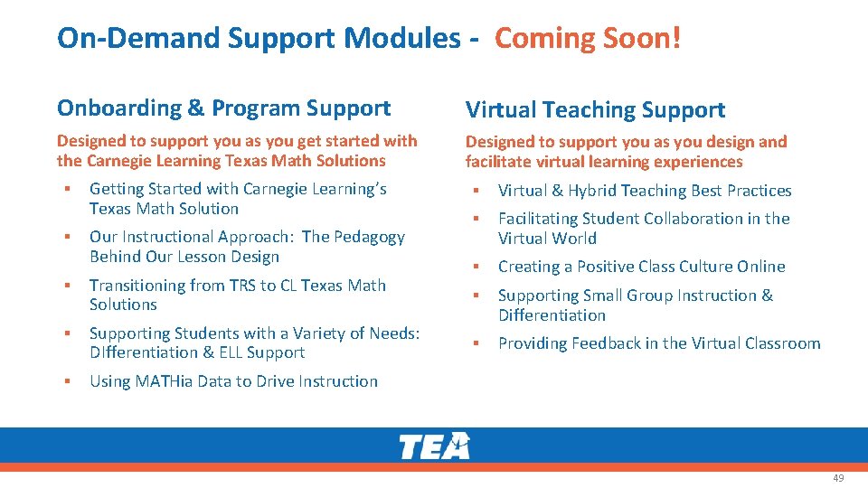 On-Demand Support Modules - Coming Soon! Onboarding & Program Support Virtual Teaching Support Designed