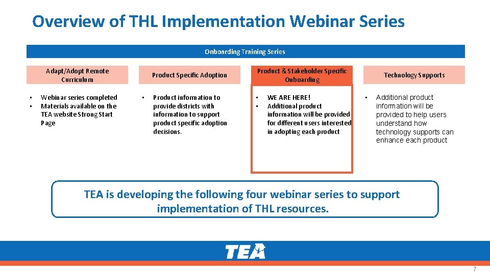Overview of THL Implementation Webinar Series Onboarding Training Series Adapt/Adopt Remote Curriculum • •