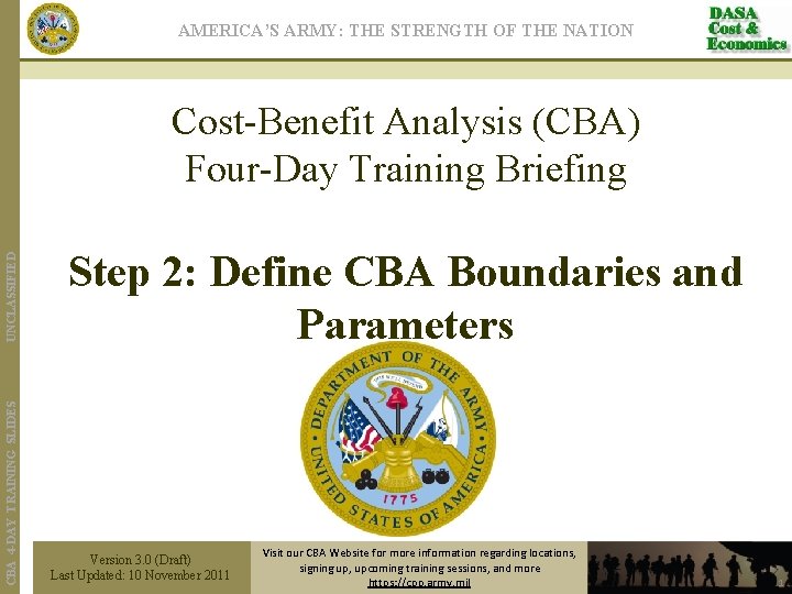 AMERICA’S ARMY: THE STRENGTH OF THE NATION CBA 4 -DAY TRAINING SLIDES UNCLASSIFIED Cost-Benefit