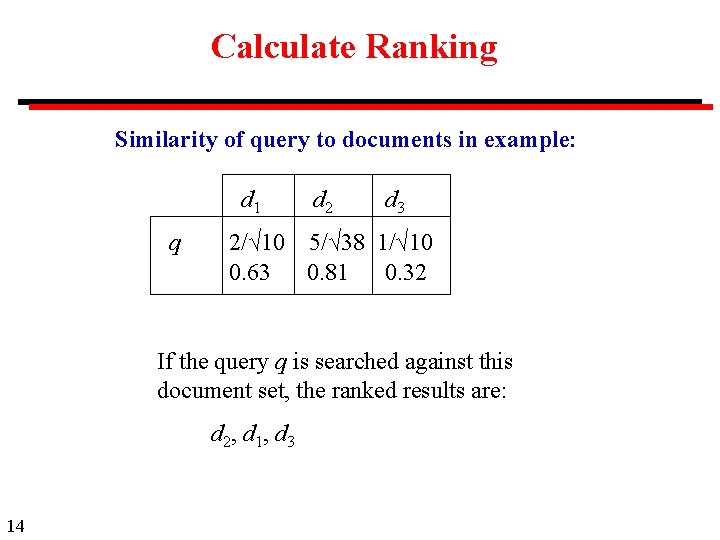 Calculate Ranking Similarity of query to documents in example: d 1 q d 2