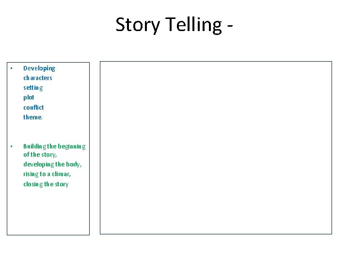 Story Telling • Developing characters setting plot conflict theme. • Building the beginning of Story Telling • Developing characters setting plot conflict theme. • Building the beginning of