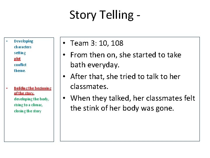 Story Telling • Developing characters setting plot conflict theme. • Building the beginning of Story Telling • Developing characters setting plot conflict theme. • Building the beginning of