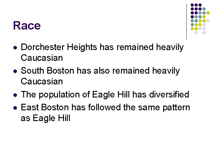 Race l l Dorchester Heights has remained heavily Caucasian South Boston has also remained