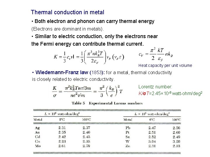 Thermal conduction in metal • Both electron and phonon carry thermal energy (Electrons are