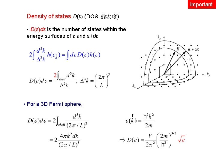 important Density of states D(ε) (DOS, 態密度) • D(ε)dε is the number of states