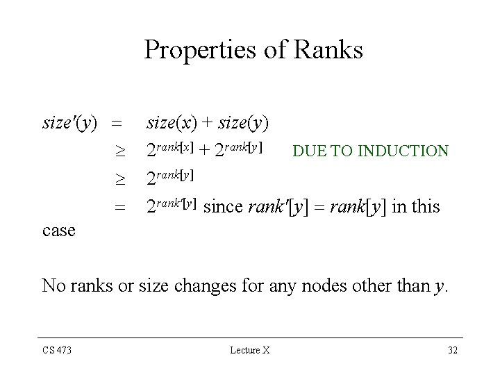 Properties of Ranks size'(y) case size(x) + size(y) 2 rank[x] + 2 rank[y] DUE