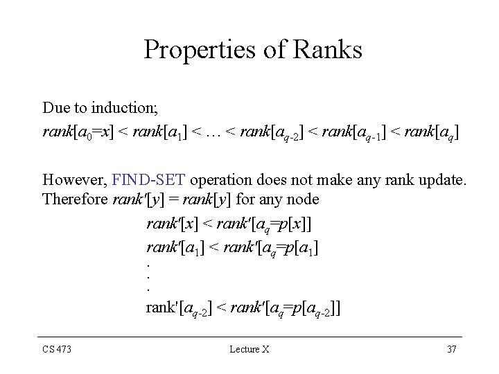 Properties of Ranks Due to induction; rank[a 0=x] < rank[a 1] < … <