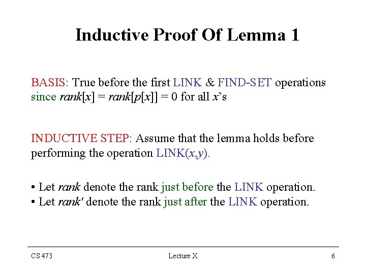 Inductive Proof Of Lemma 1 BASIS: True before the first LINK & FIND-SET operations